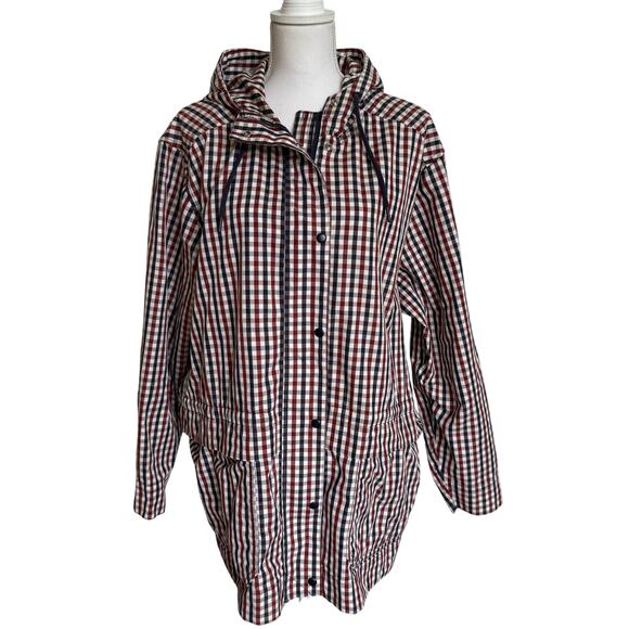 Free Assembly Raincoat Jacket Size XXXL Gingham Red Navy White Hood Zip Snaps - Picture 1 of 10